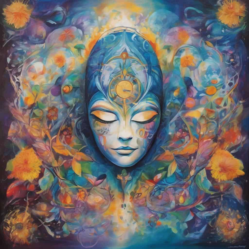 Έγχρωμη αφηρημένη τέχνη με γυναικεία μορφή και δώρα της φύσης.